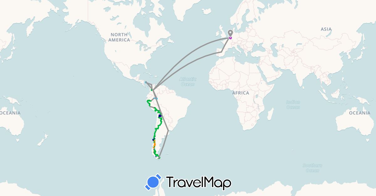 TravelMap itinerary: driving, bus, plane, cycling, train, hiking, boat, hitchhiking in Argentina, Belgium, Bolivia, Brazil, Chile, Colombia, Spain, Peru (Europe, South America)